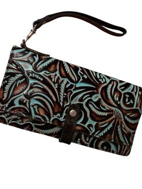 Tooled Floral Wristlet Clutch in Turquoise and Brown